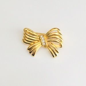 Vintage Statement Gold Tone Ribbed Rhinestone Bow Costume Brooch Pin
